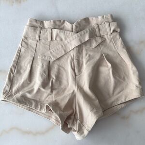 Tan High Waist Pleated Shorts with removable Tie Belt